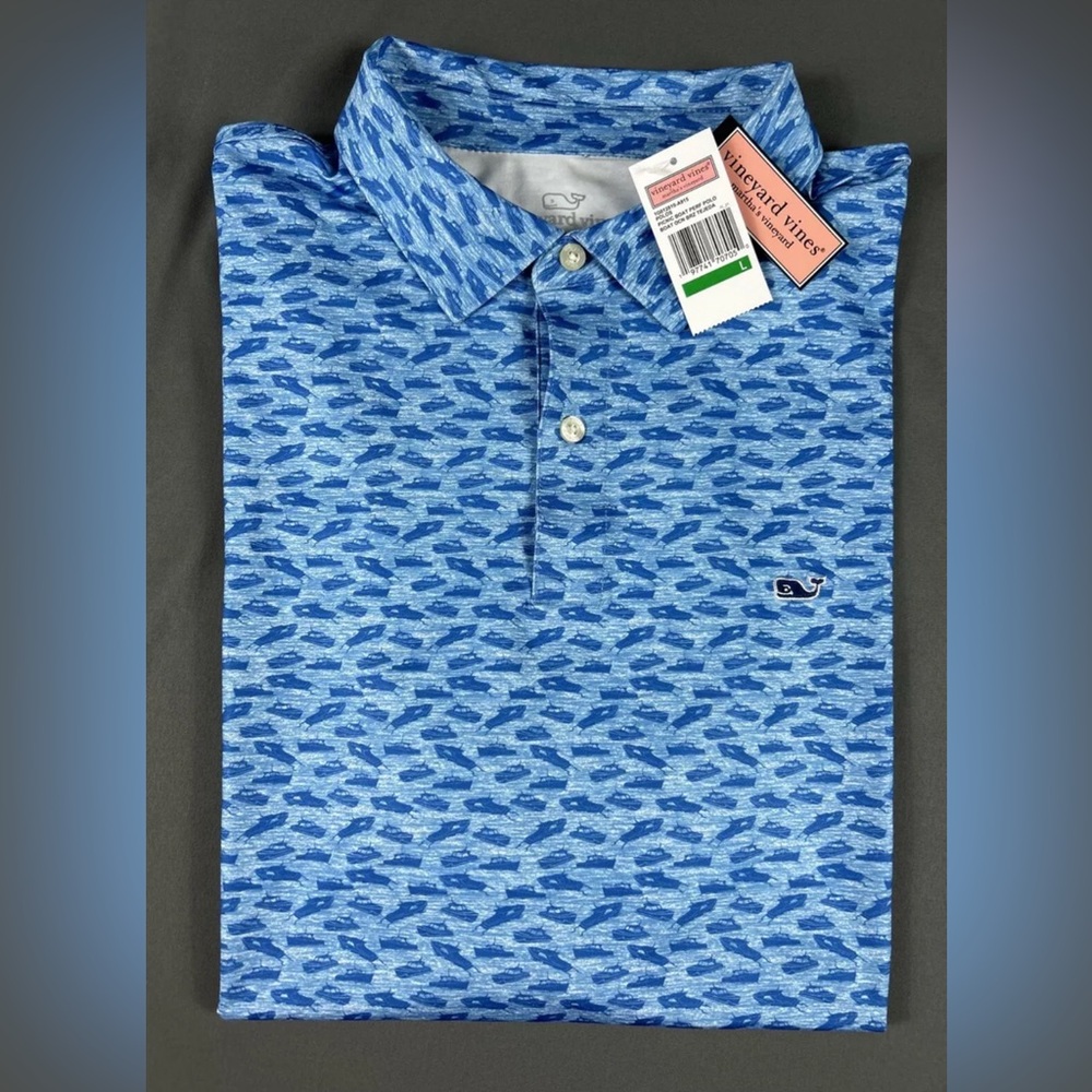 Vineyard Vines Golf Shirt Polo Picnic Boat Print Large Blue Polyester Spandex